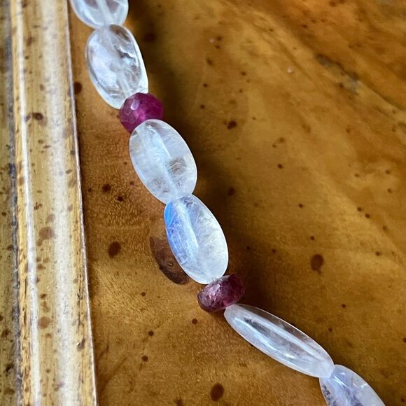 Natural Rainbow Moonstone Ruby Sterling Silver Beaded Necklace - Picture 2 of 10
